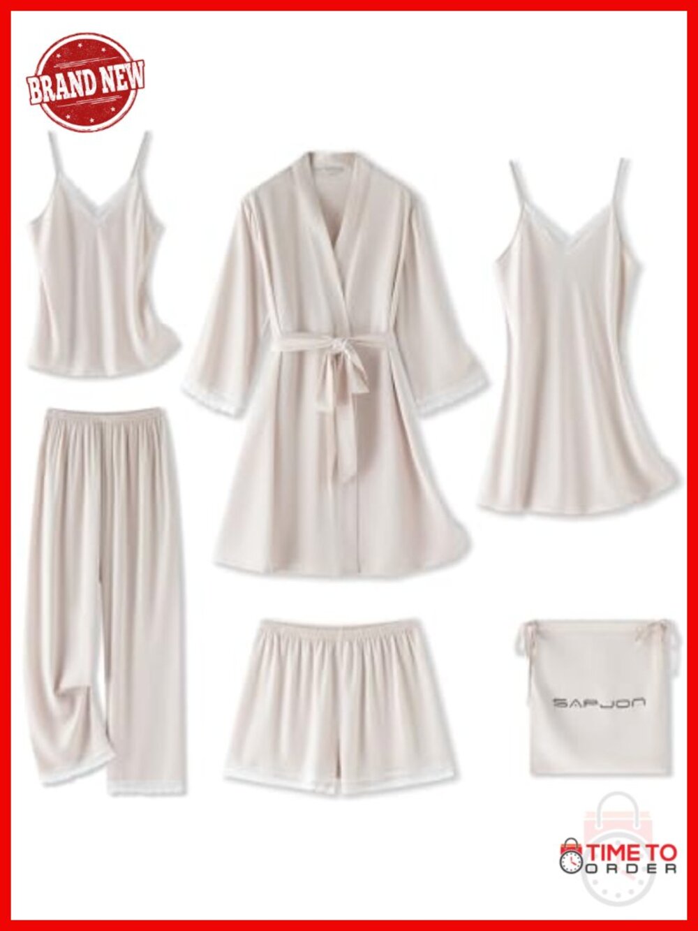 Silk Satin 6-Piece Pajama Set for Women with Lace Robe & Nightgown